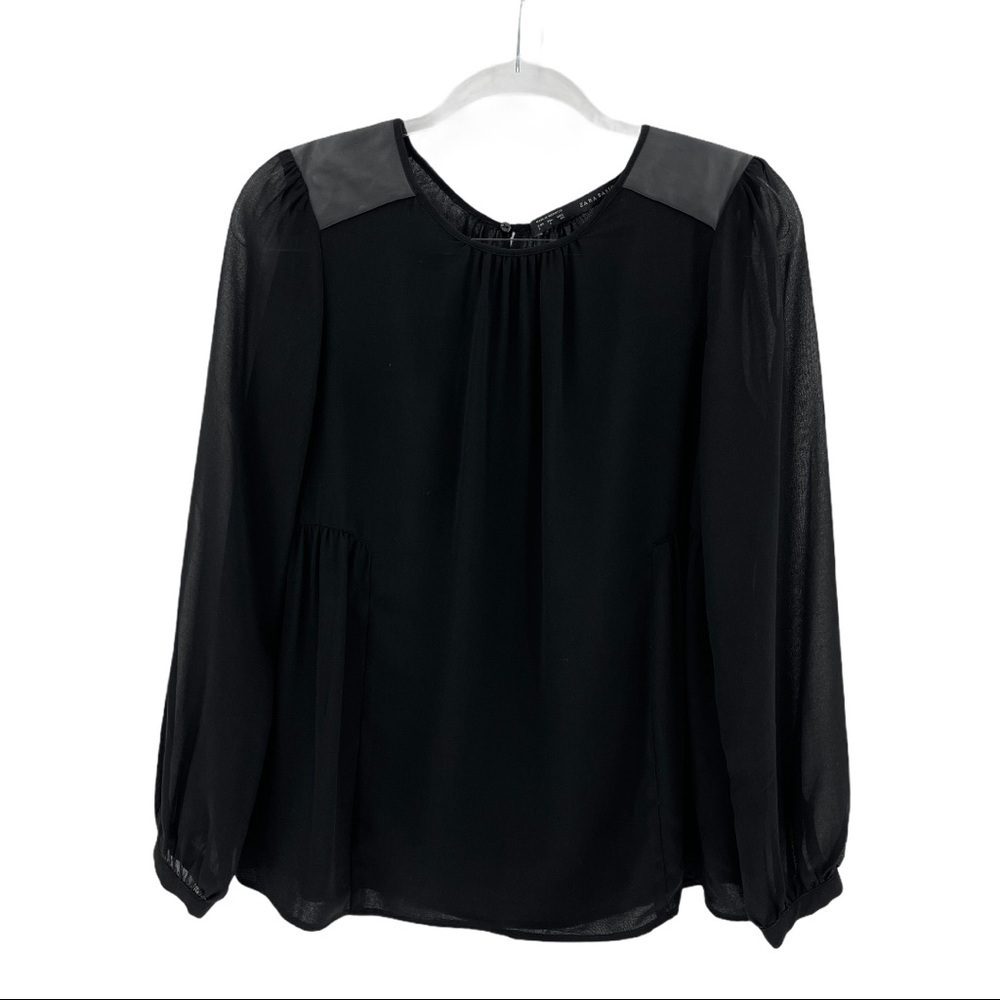 Zara Basic Black Panel Shoulder Sheer Blouse Sz L - image 4